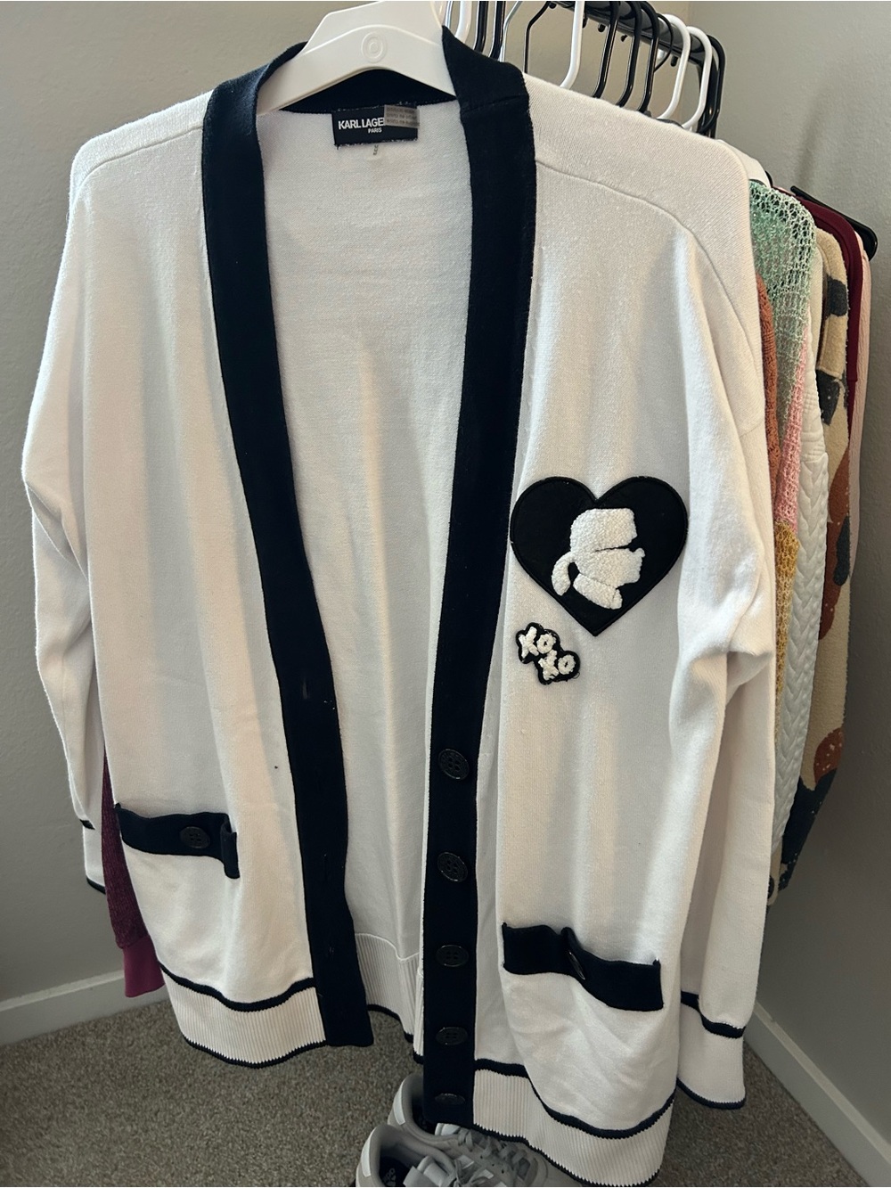 Karl Lagerfeld White & Black Heart Patch Cardigan Sweater